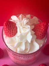 Load image into Gallery viewer, strawberries and cream candle with whipped cream frosting and strawberry wax melts 
