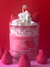 Load image into Gallery viewer, strawberries and cream candle with whipped cream frosting and strawberry wax melts 
